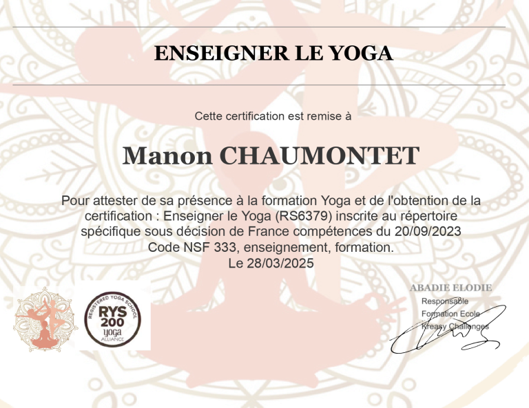 Diplôme Vinyasa Yoga Manon