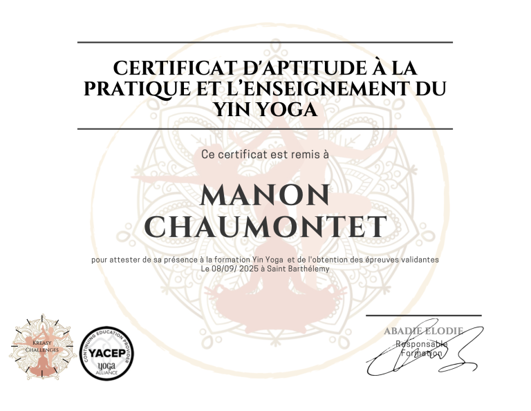 Diplôme Yin Yoga Manon
